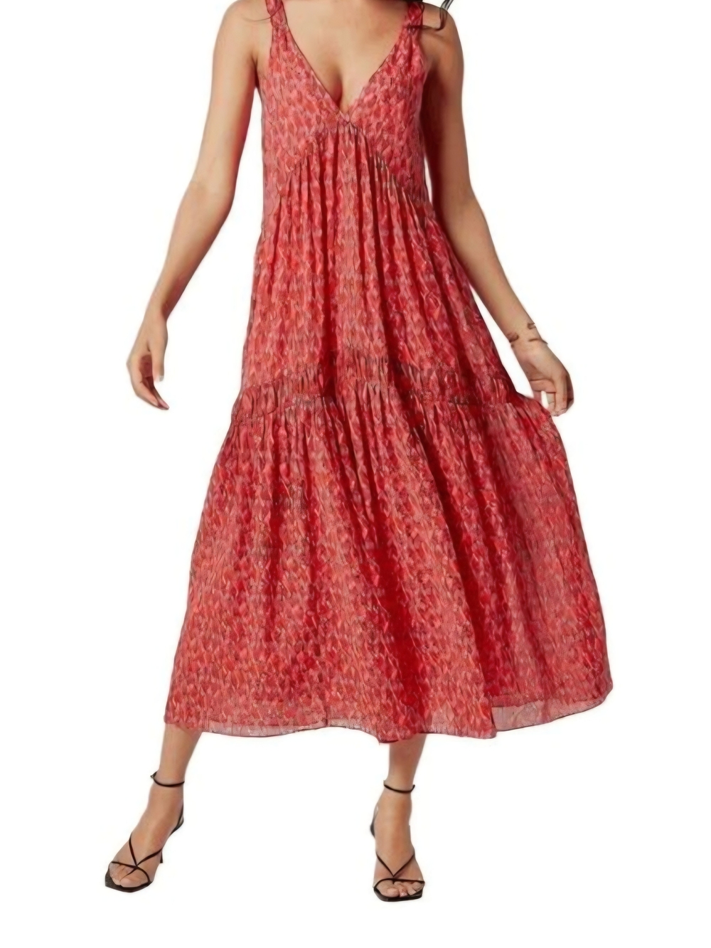 Joie Coral-Red Printed V-Neck Tiered Maxi Dress